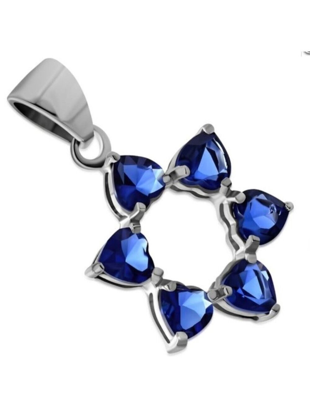 Pendant: Heart Shape Blue CZ Star of David Silver Pendant